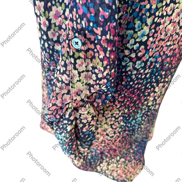 Kut from the Kloth Blue & Pink Medium Floral 3/4 Rolltab Sleeve Sheer Blouse - Picture 6 of 6
